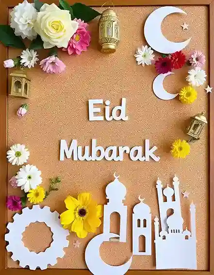 Eid Mubarak board decoration with flowers, lanterns, and moon shapes | Eid Mubarak Floral and Lantern Board Decoration | Festival Decorations, Eid Decorations | Decorations Guru